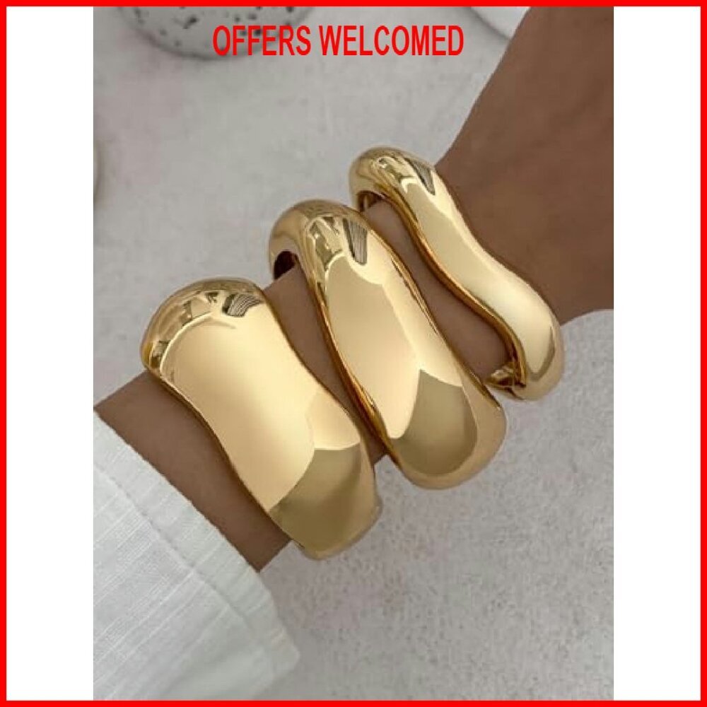 Chunky Gold Alloy Bangles Stackable Statement Bra… - image 3